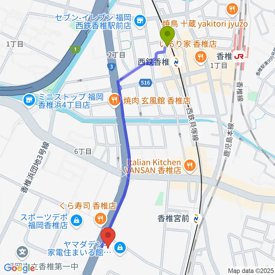 西鉄香椎駅からミュージックメイト福岡へのルートマップ地図