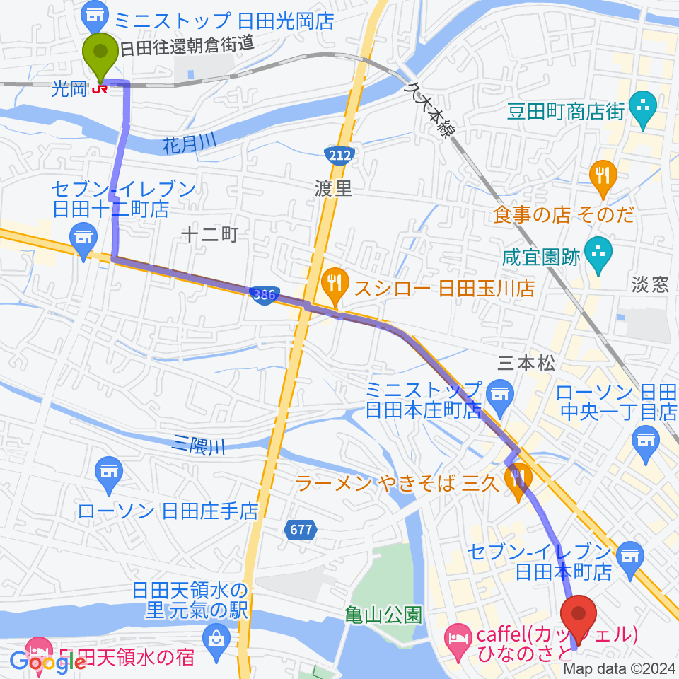 光岡駅からシミズ楽器 音楽教室へのルートマップ地図