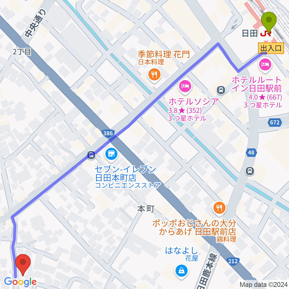 シミズ楽器 音楽教室の最寄駅日田駅からの徒歩ルート（約10分）地図