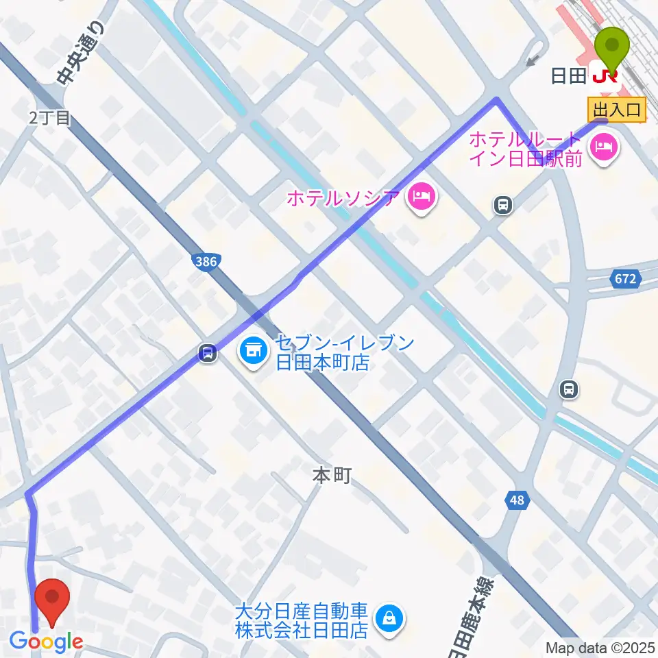 シミズ楽器 音楽教室の最寄駅日田駅からの徒歩ルート（約10分）地図