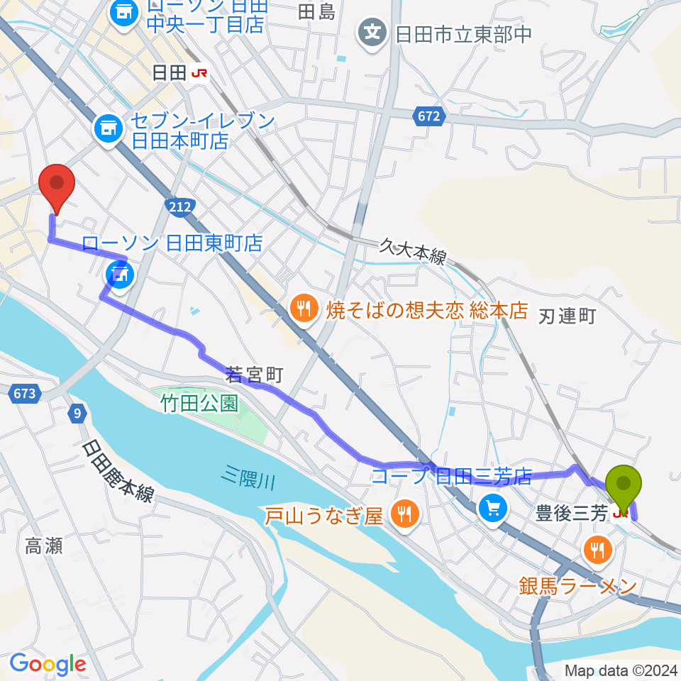 豊後三芳駅からシミズ楽器 音楽教室へのルートマップ地図