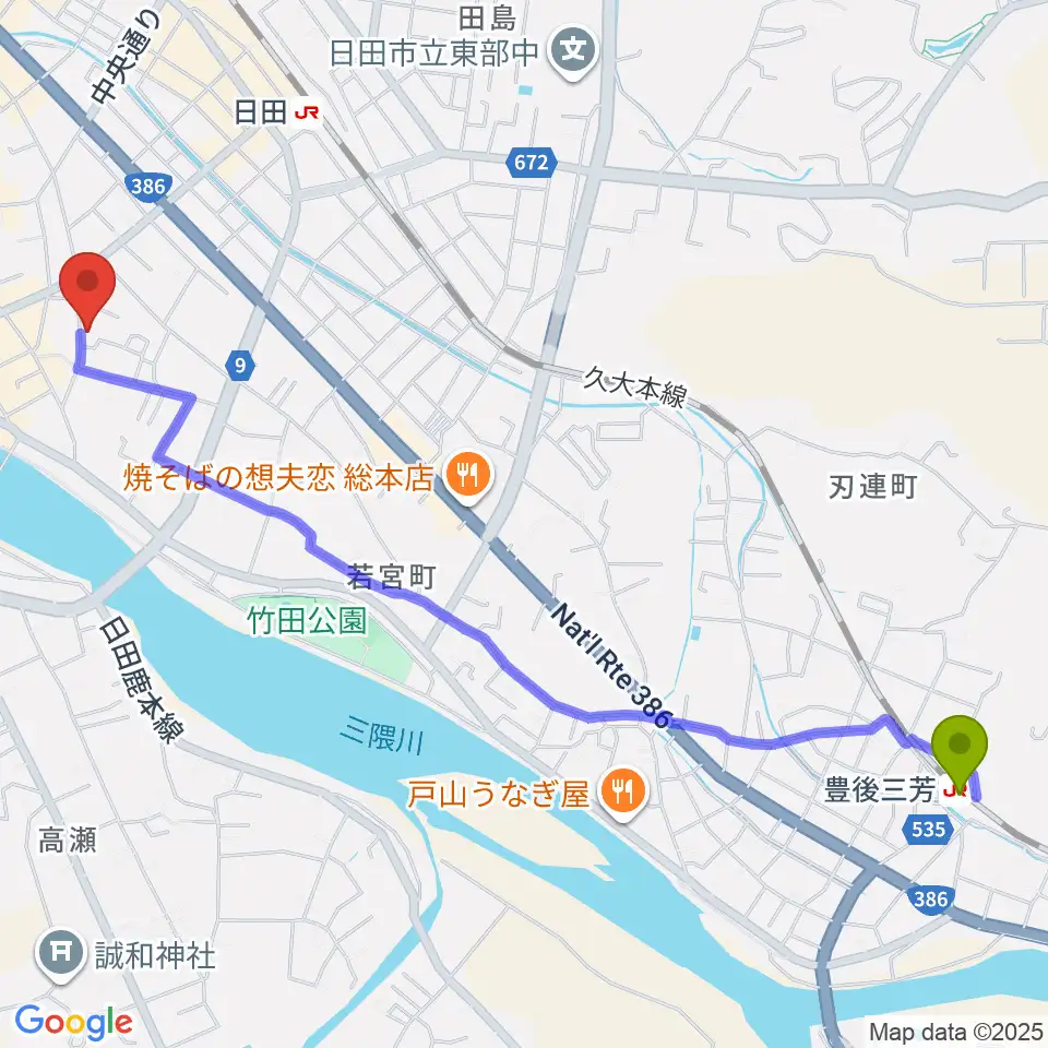 豊後三芳駅からシミズ楽器 音楽教室へのルートマップ地図