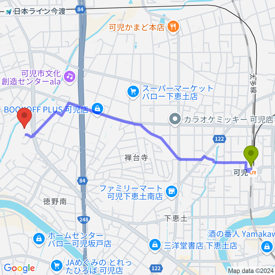 可児駅からヤイリギターへのルートマップ地図