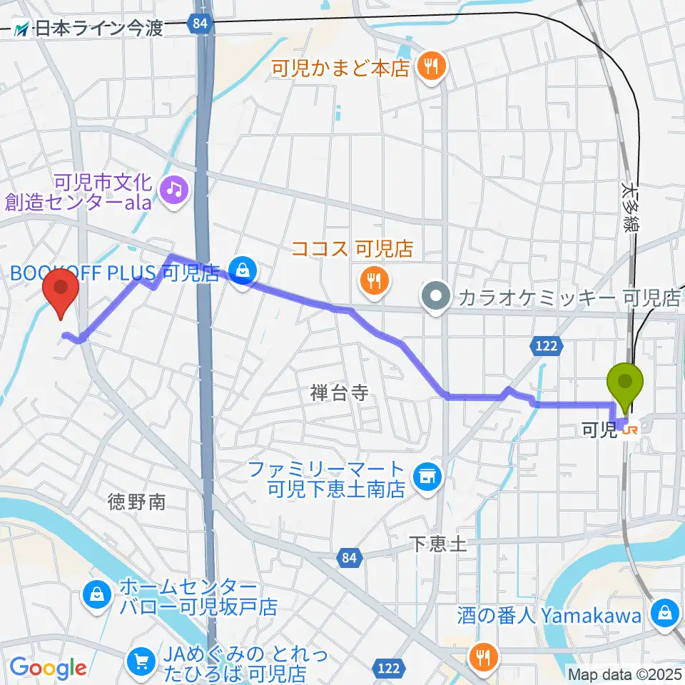 可児駅からヤイリギターへのルートマップ地図