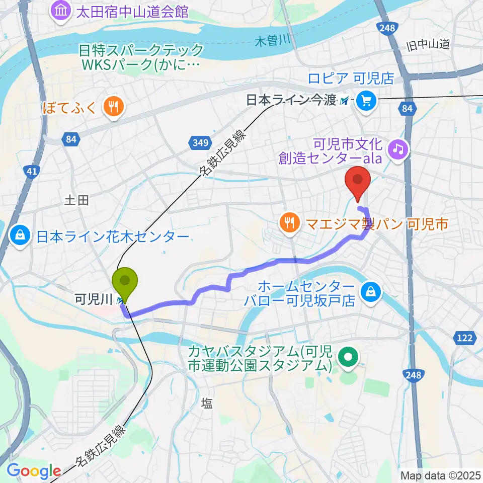 可児川駅からヤイリギターへのルートマップ地図