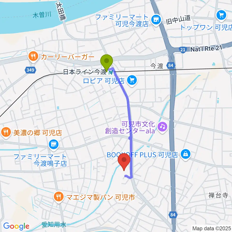 ヤイリギターの最寄駅日本ライン今渡駅からの徒歩ルート（約13分）地図