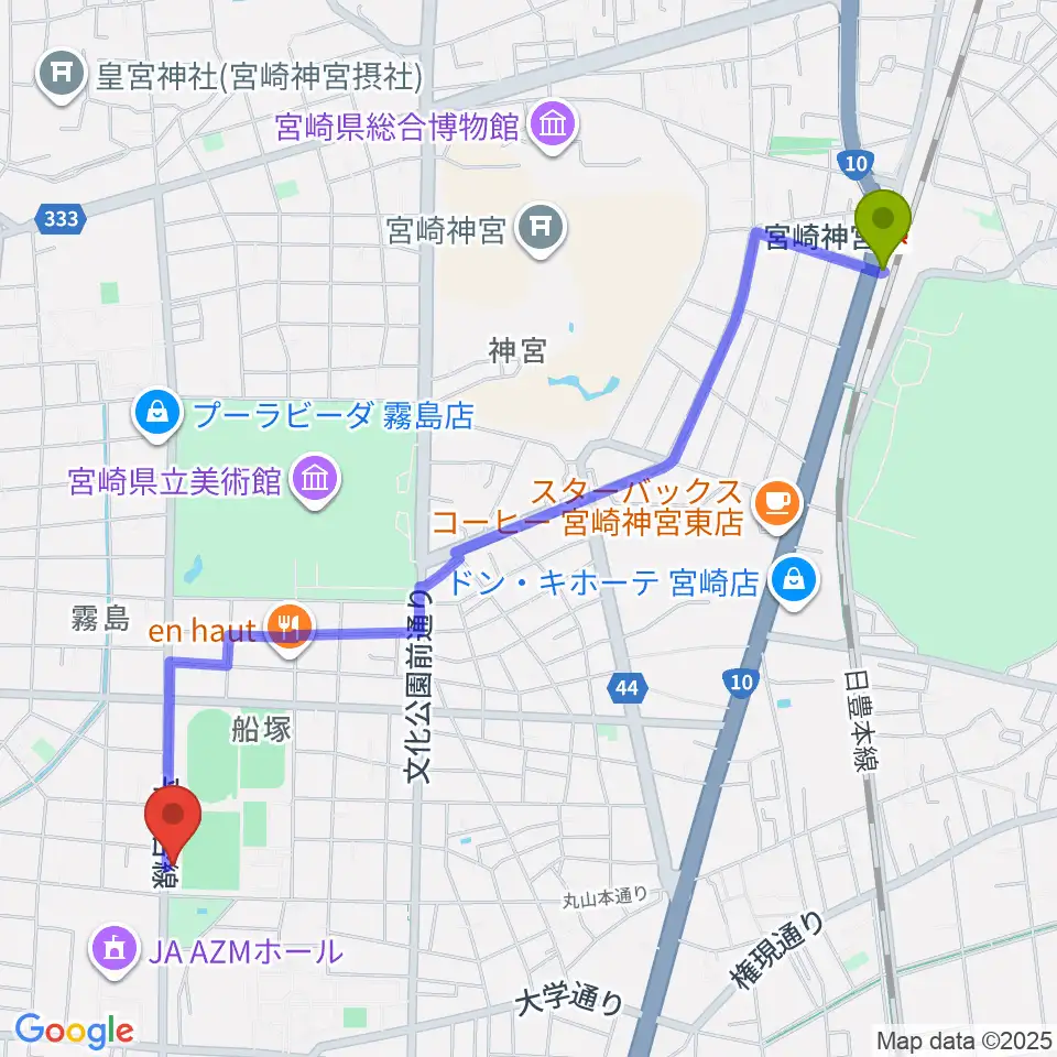 宮崎ピアノ技術センターの最寄駅宮崎神宮駅からの徒歩ルート（約28分）地図