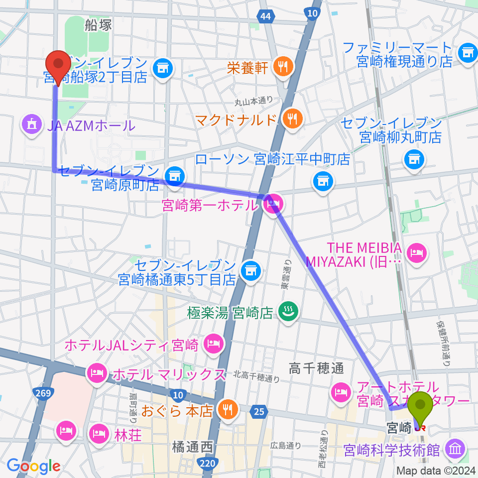 宮崎駅から宮崎ピアノ技術センターへのルートマップ地図