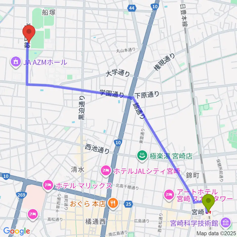 宮崎駅から宮崎ピアノ技術センターへのルートマップ地図