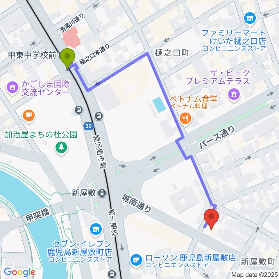 甲東中学校前駅から鹿児島音楽教室へのルートマップ地図