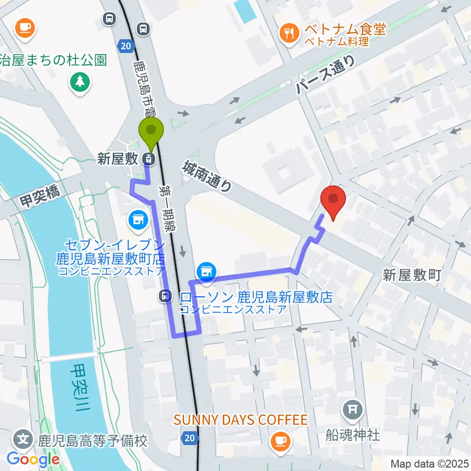 鹿児島音楽教室の最寄駅新屋敷駅からの徒歩ルート（約3分）地図