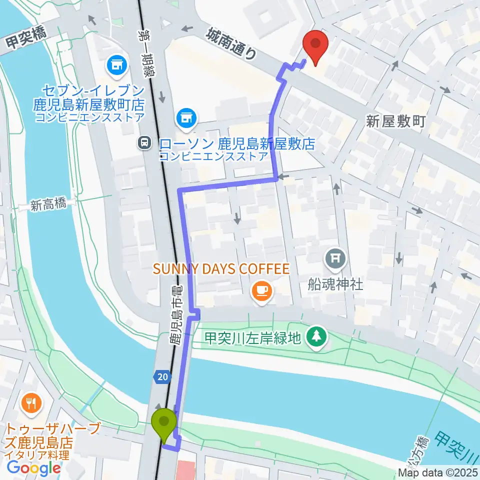 武之橋駅から鹿児島音楽教室へのルートマップ地図