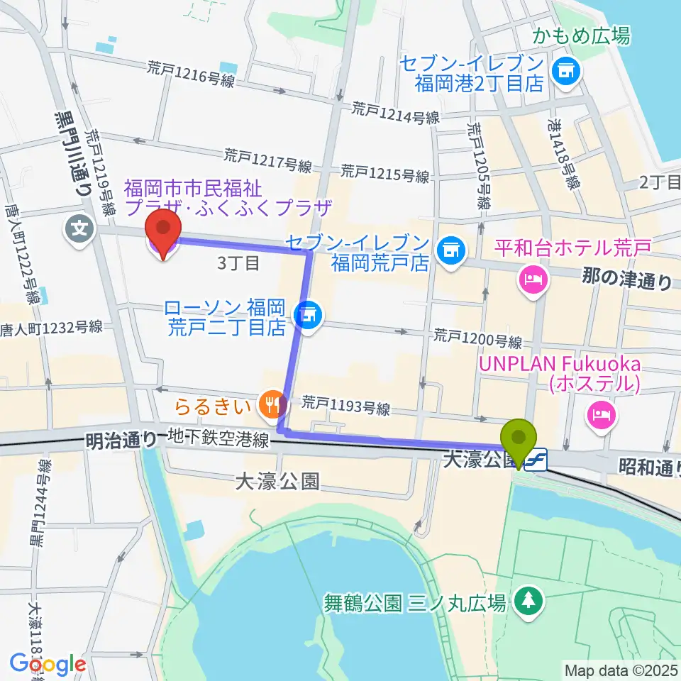 大濠公園駅からふくふくプラザへのルートマップ地図