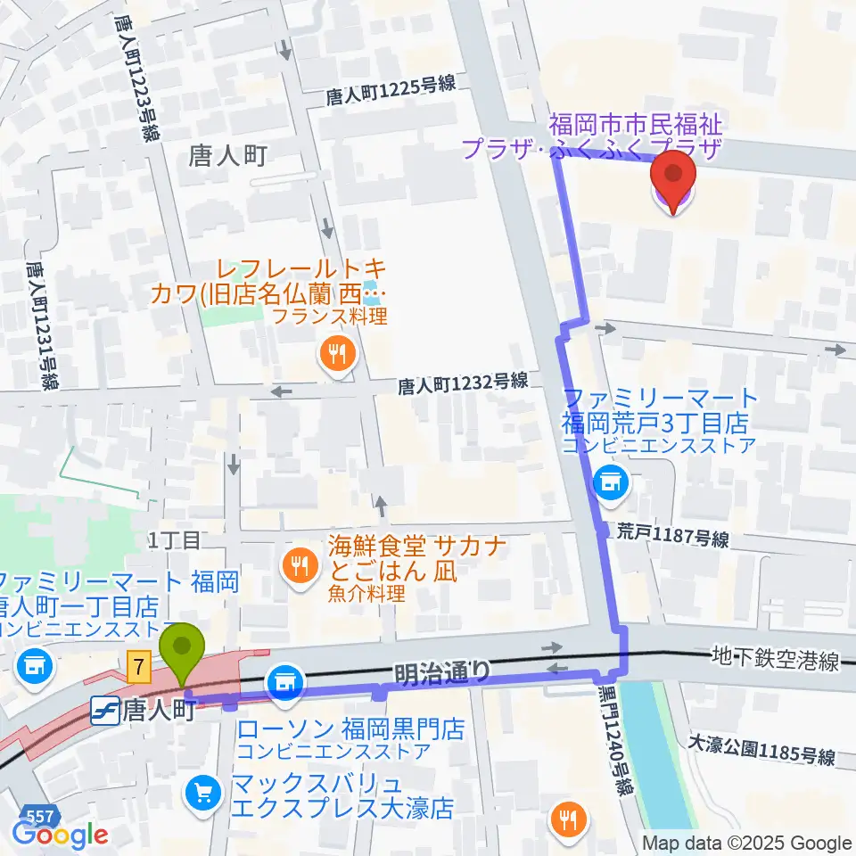 ふくふくプラザの最寄駅唐人町駅からの徒歩ルート（約6分）地図