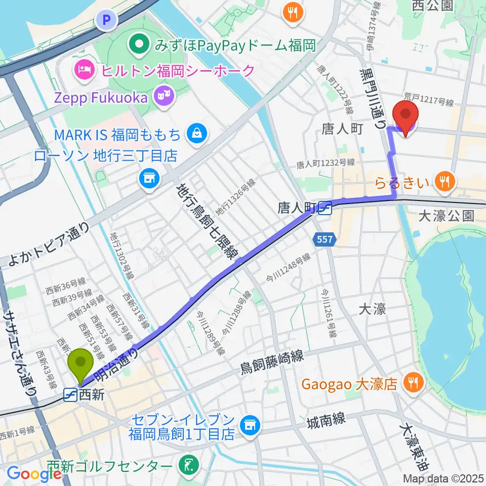 西新駅からふくふくプラザへのルートマップ地図