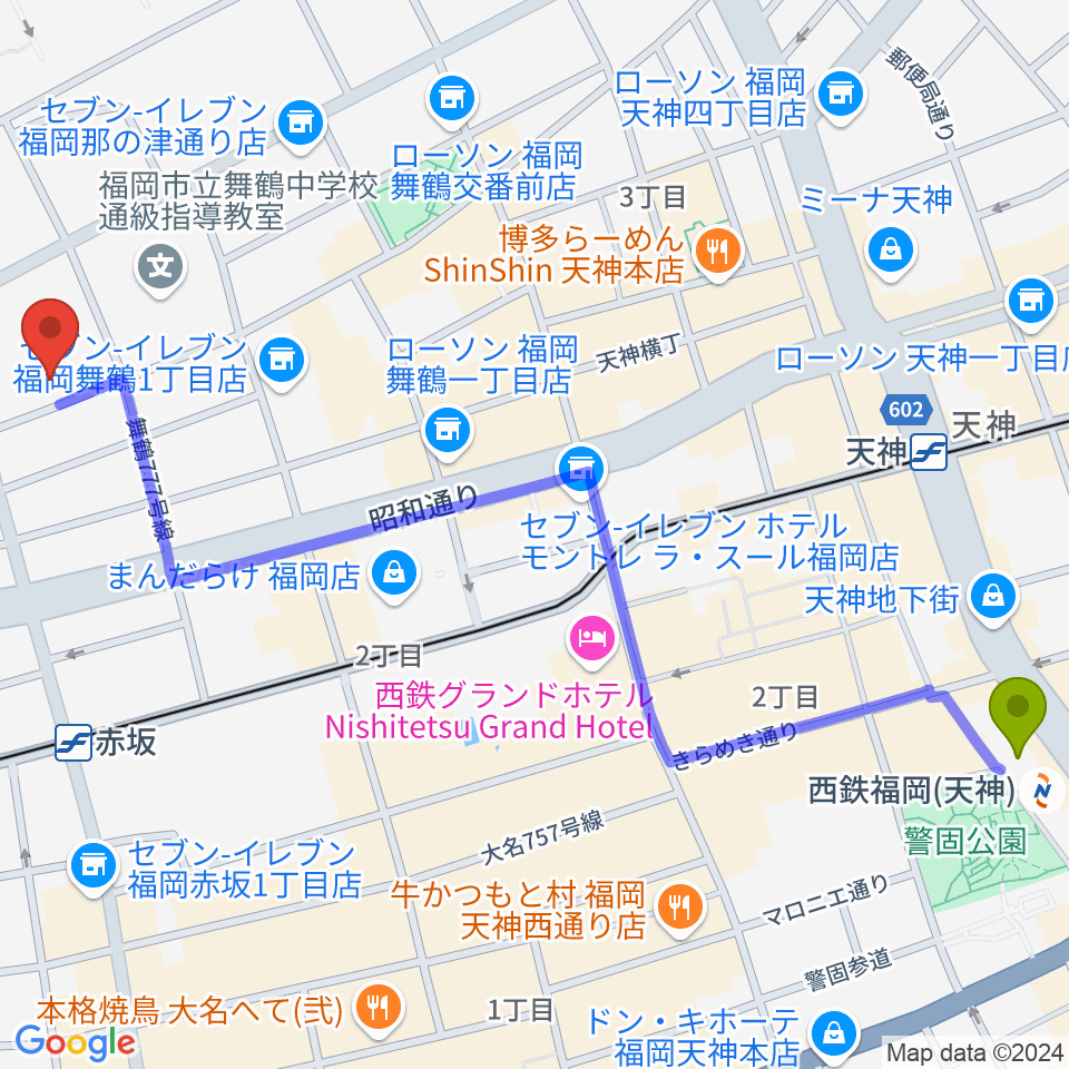 西鉄福岡（天神）駅からあいれふホールへのルートマップ地図