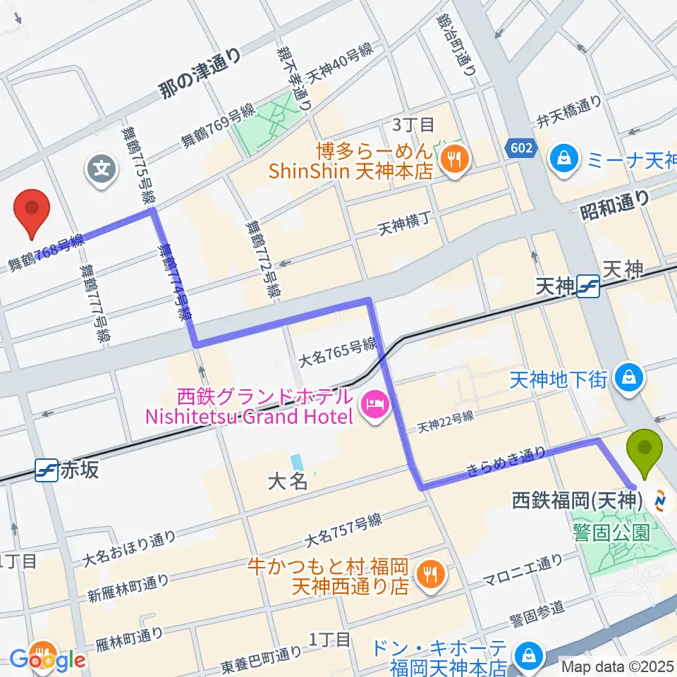 西鉄福岡（天神）駅からあいれふホールへのルートマップ地図