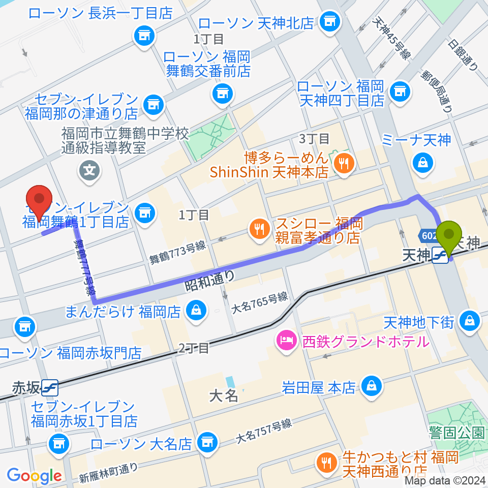 天神駅からあいれふホールへのルートマップ地図