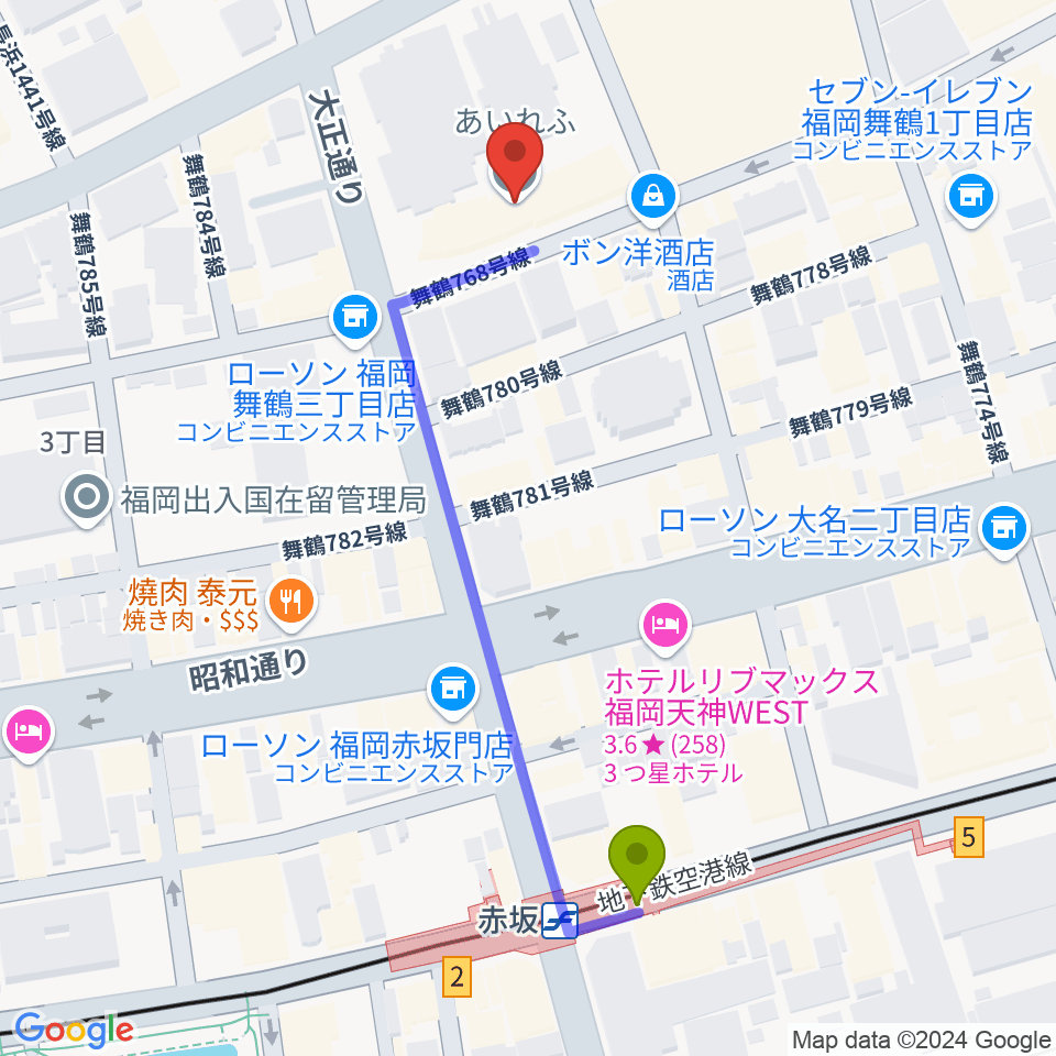 あいれふホールの最寄駅赤坂駅からの徒歩ルート（約5分）地図