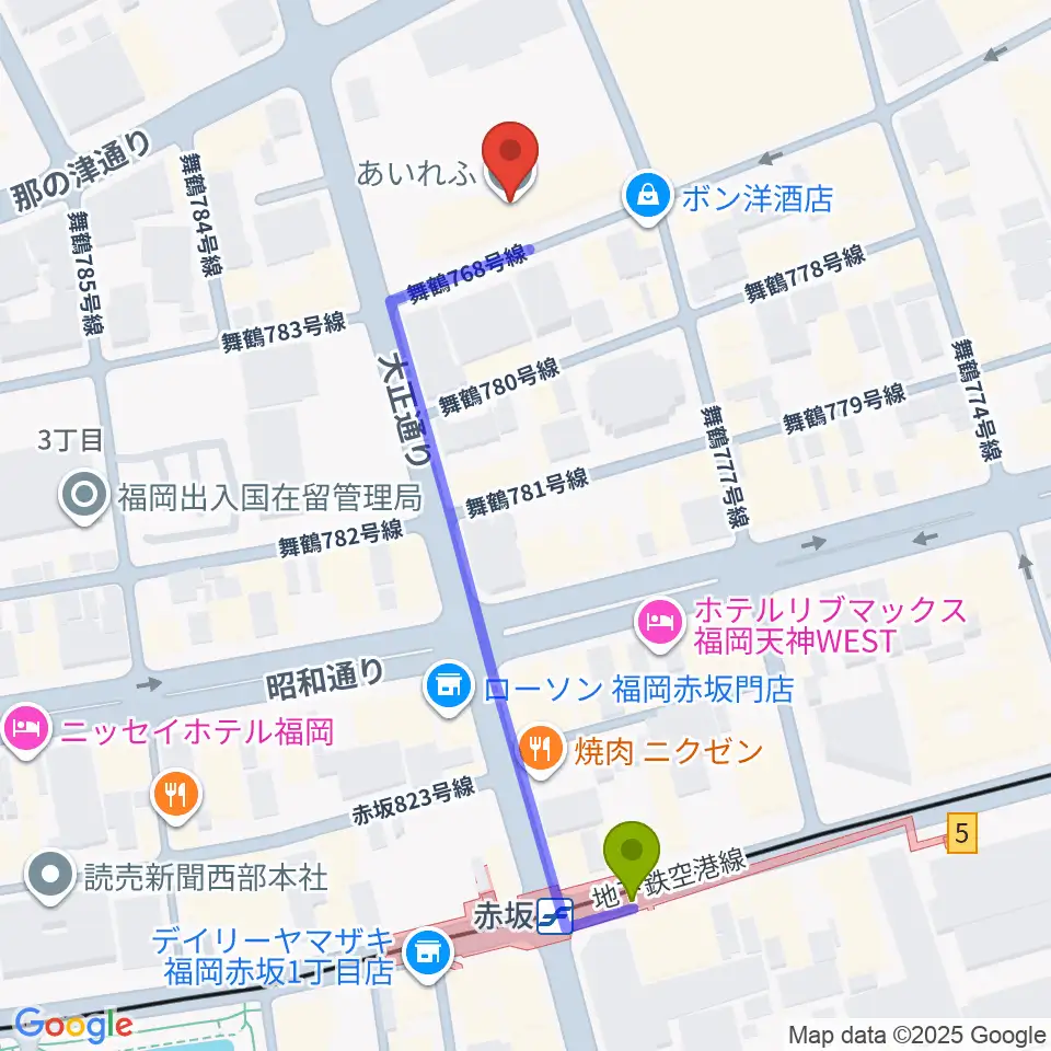 あいれふホールの最寄駅赤坂駅からの徒歩ルート（約5分）地図