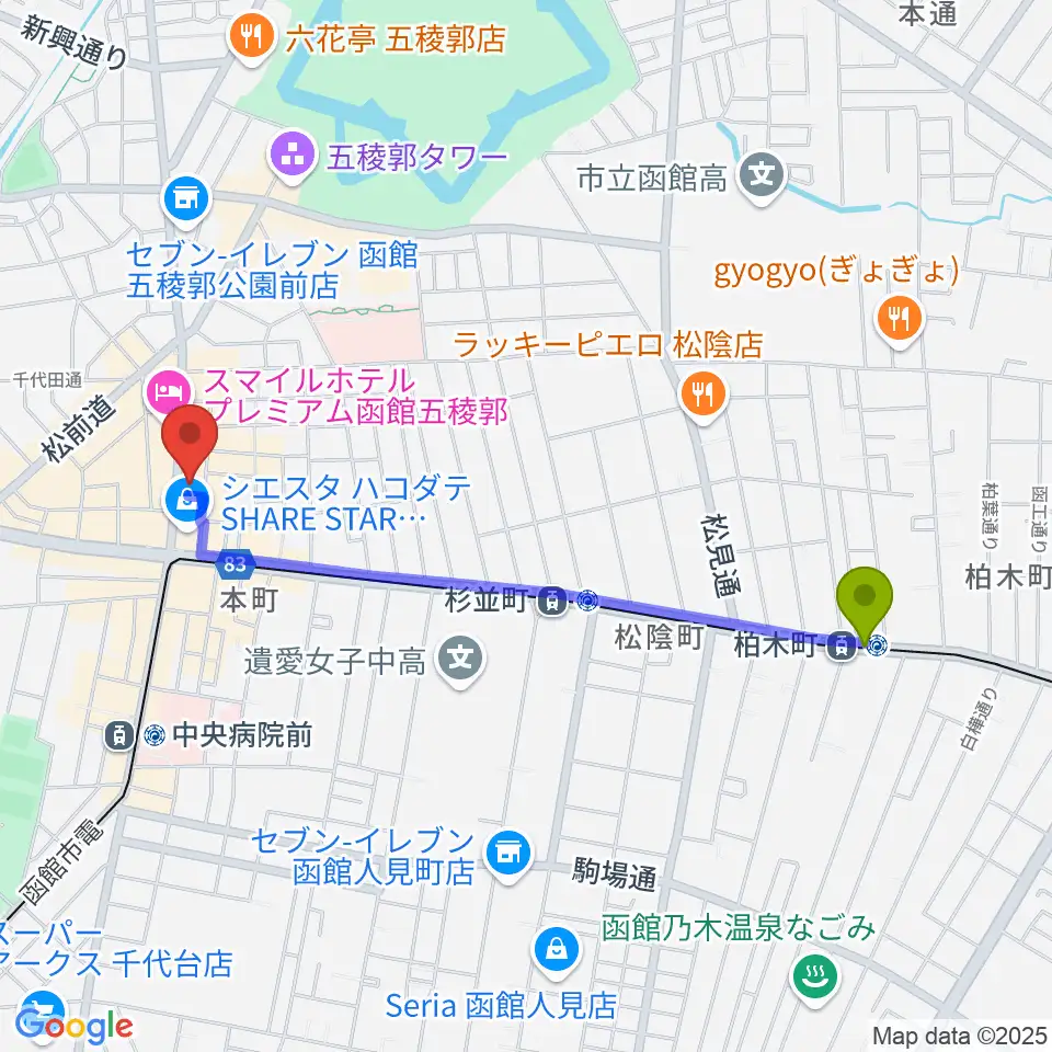 柏木町駅から五稜郭センター ヤマハミュージックへのルートマップ地図