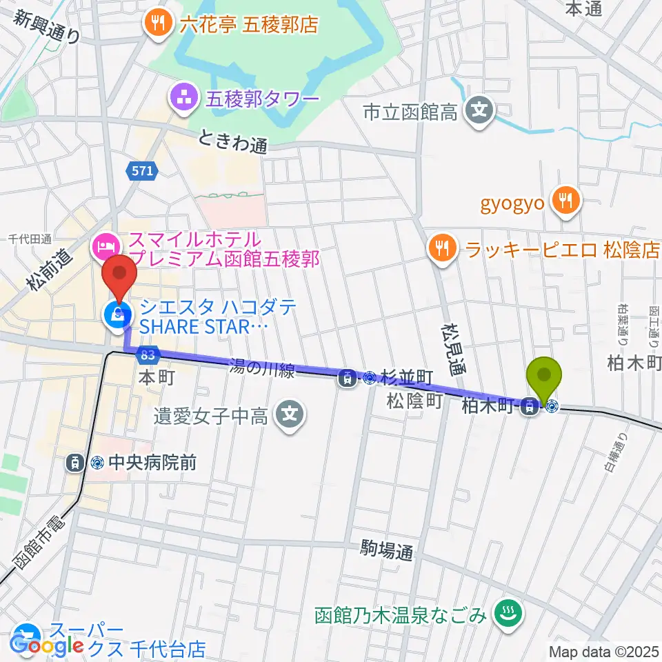 柏木町駅から五稜郭センター ヤマハミュージックへのルートマップ地図