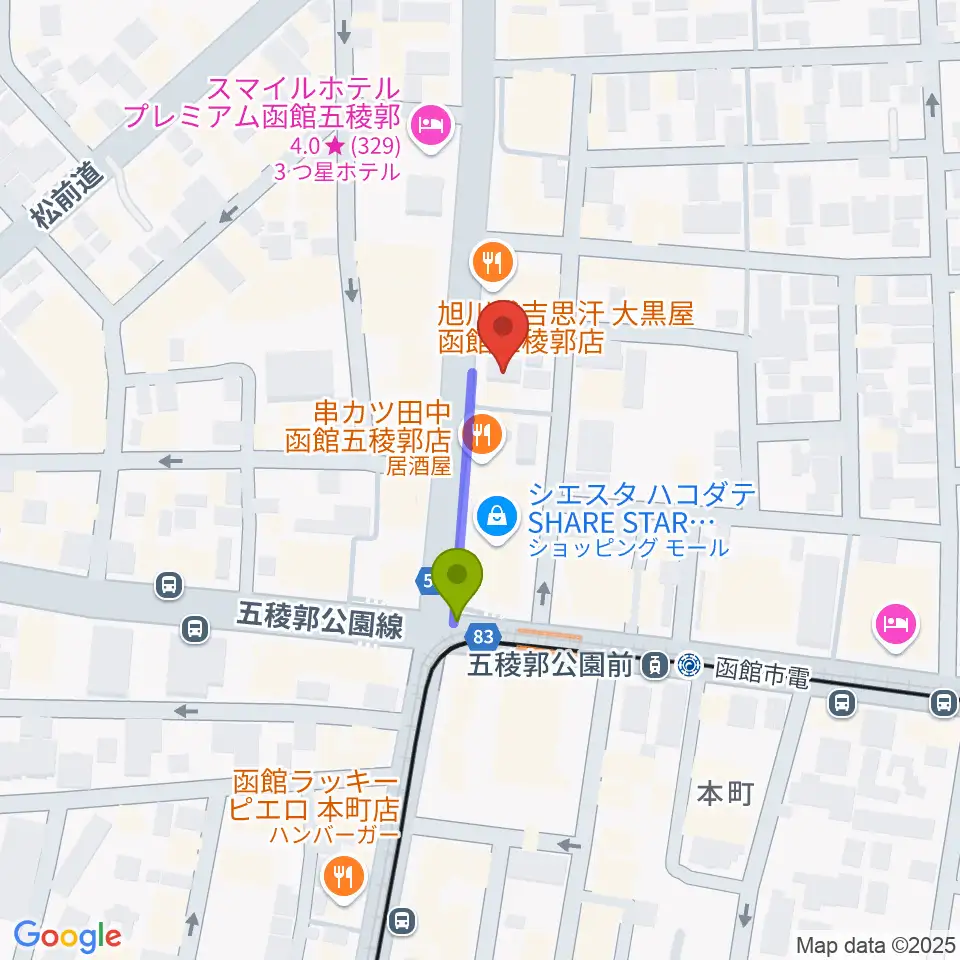 五稜郭センター ヤマハミュージックの最寄駅五稜郭公園前駅からの徒歩ルート（約2分）地図