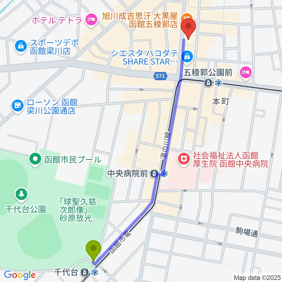 千代台駅から五稜郭センター ヤマハミュージックへのルートマップ地図