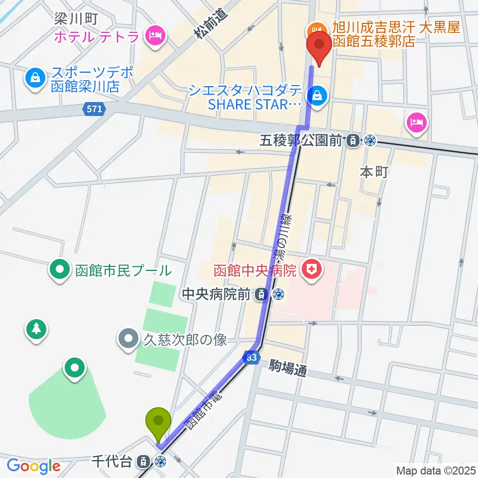 千代台駅から五稜郭センター ヤマハミュージックへのルートマップ地図