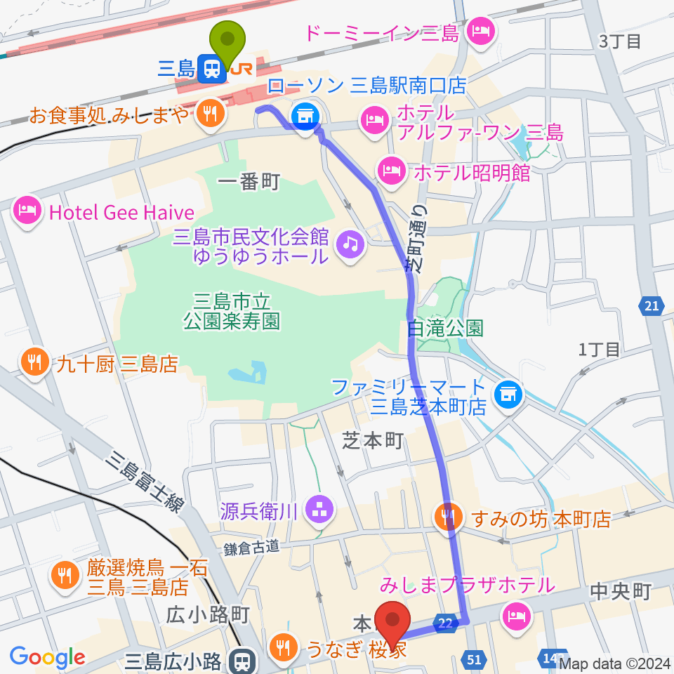 三島駅からやまがた楽器店へのルートマップ地図