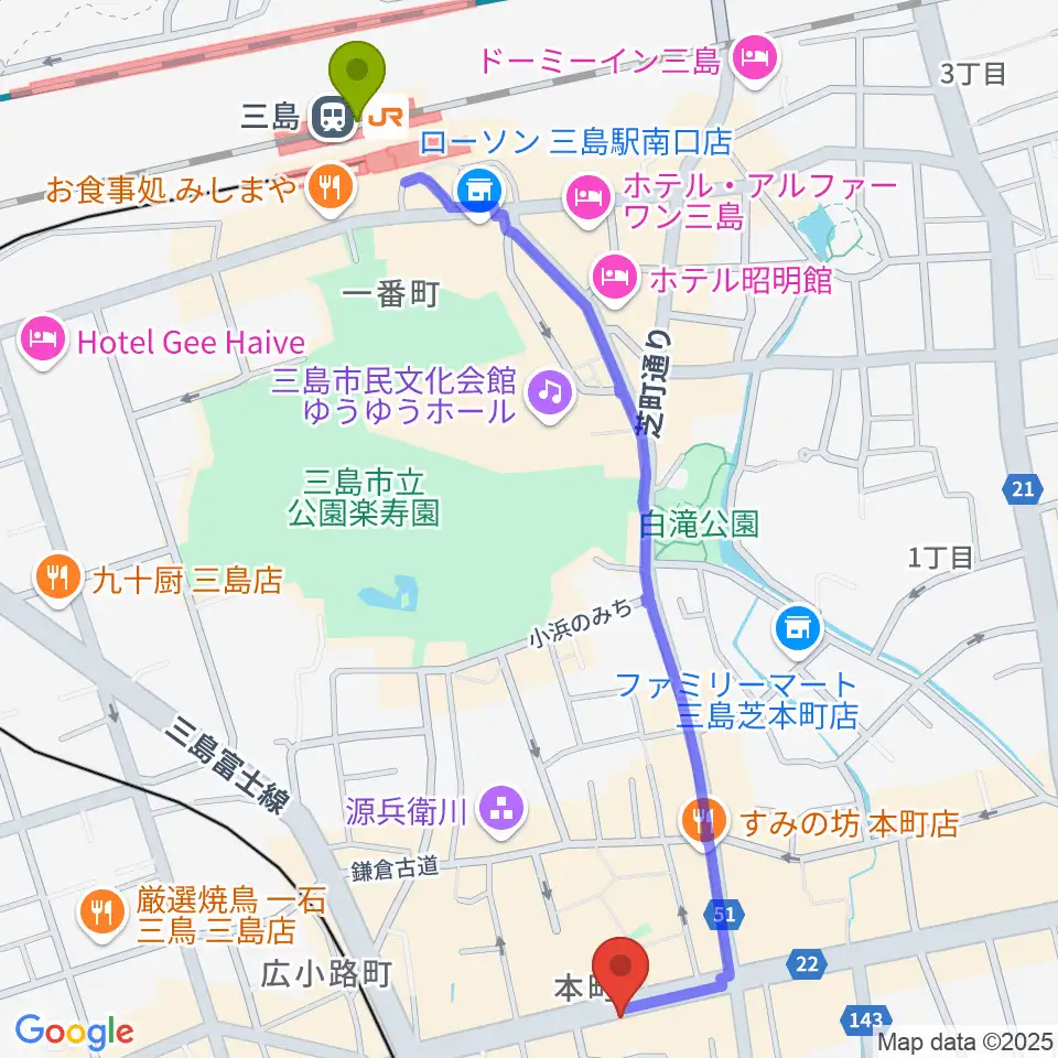 三島駅からやまがた楽器店へのルートマップ地図