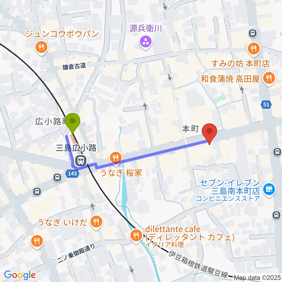 やまがた楽器店の最寄駅三島広小路駅からの徒歩ルート（約4分）地図