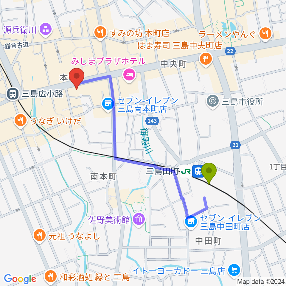 三島田町駅からやまがた楽器店へのルートマップ地図