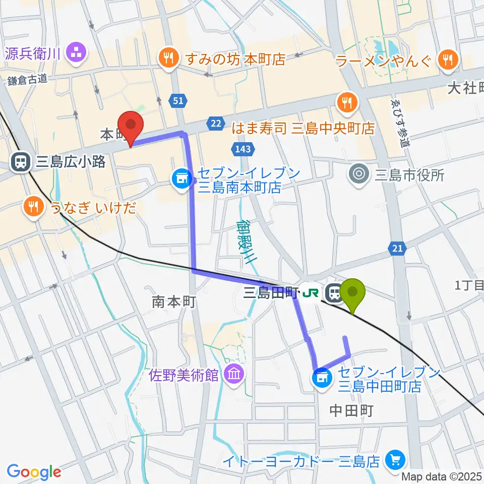 三島田町駅からやまがた楽器店へのルートマップ地図
