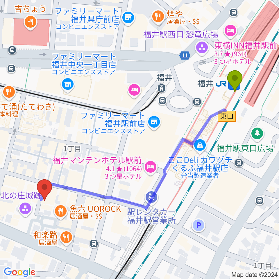 スズキ・メソード福井支部の最寄駅福井駅からの徒歩ルート（約6分）地図