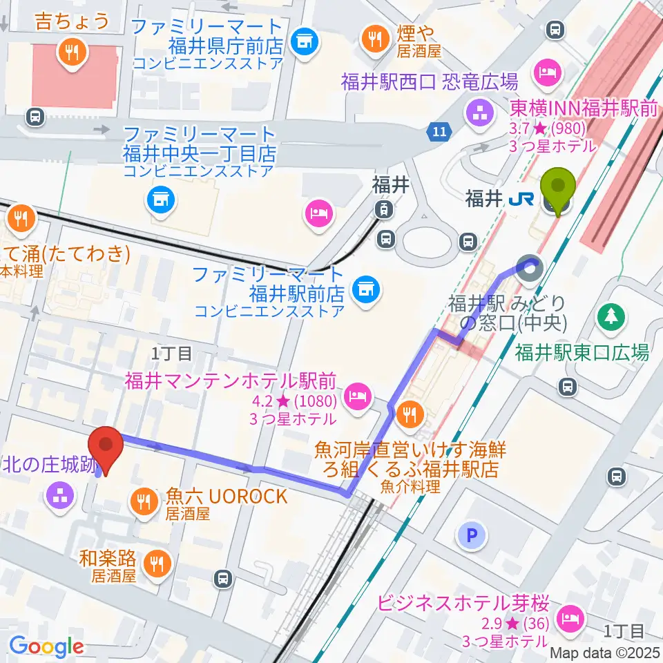 スズキ・メソード福井支部の最寄駅福井駅からの徒歩ルート（約6分）地図