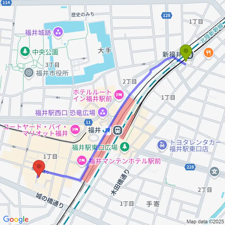 新福井駅からスズキ・メソード福井支部へのルートマップ地図