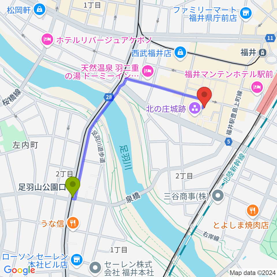 足羽山公園口駅からスズキ・メソード福井支部へのルートマップ地図