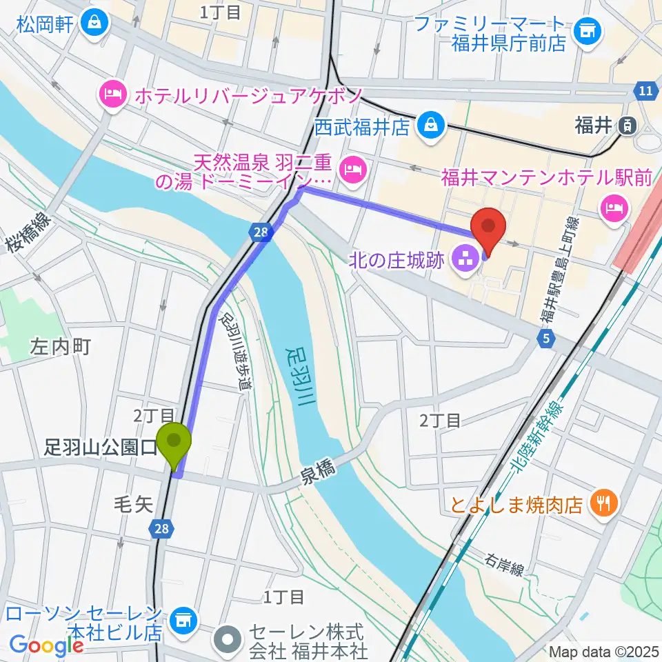 足羽山公園口駅からスズキ・メソード福井支部へのルートマップ地図