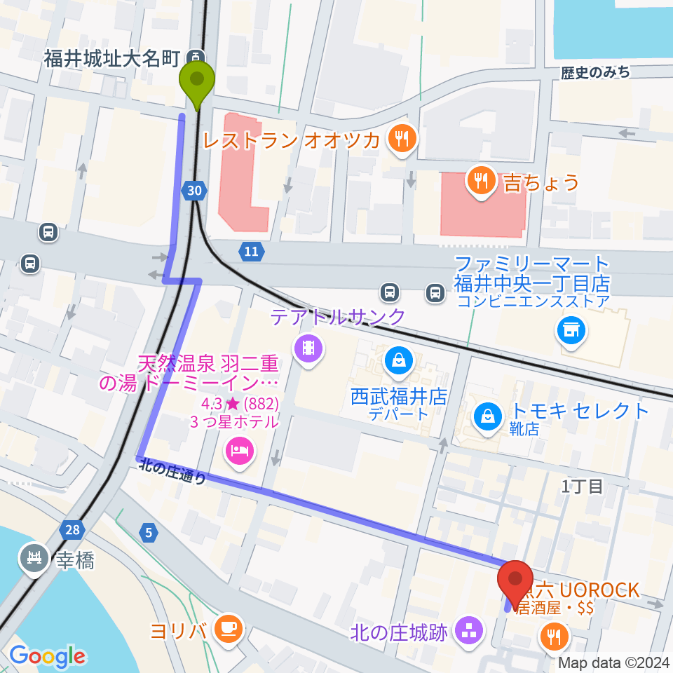 福井城址大名町駅からスズキ・メソード福井支部へのルートマップ地図