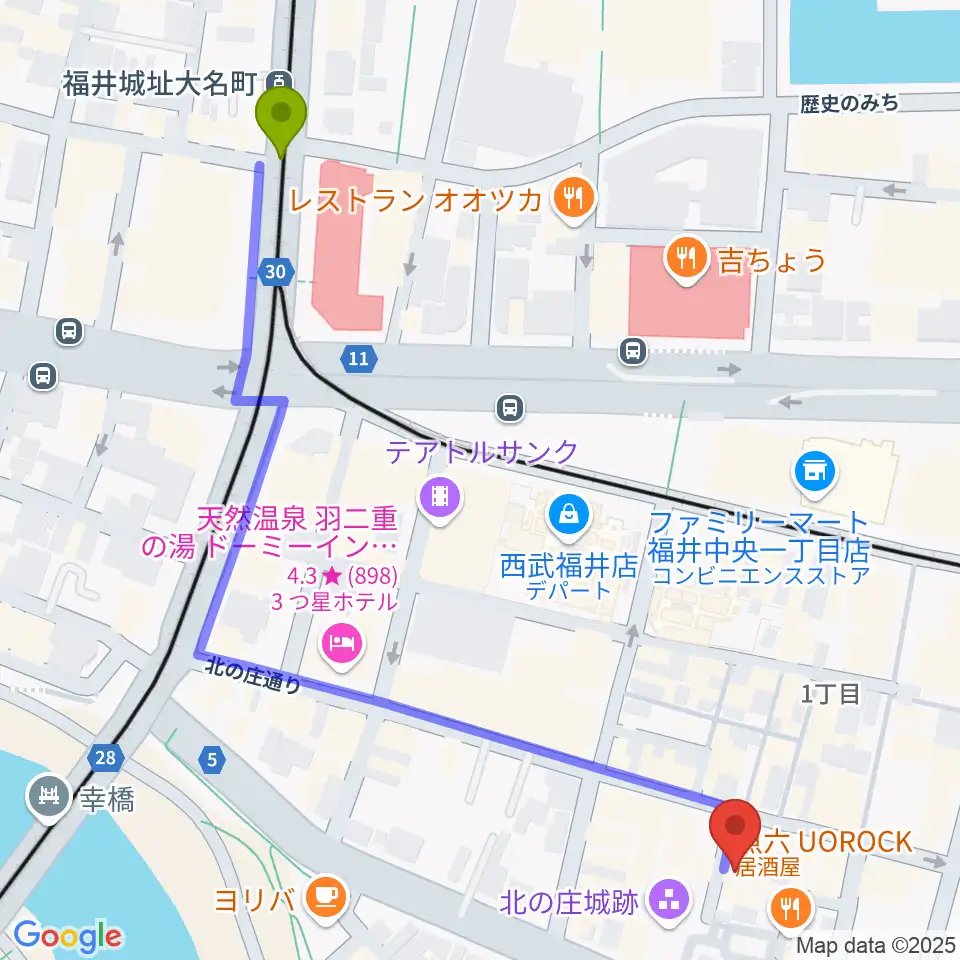 福井城址大名町駅からスズキ・メソード福井支部へのルートマップ地図