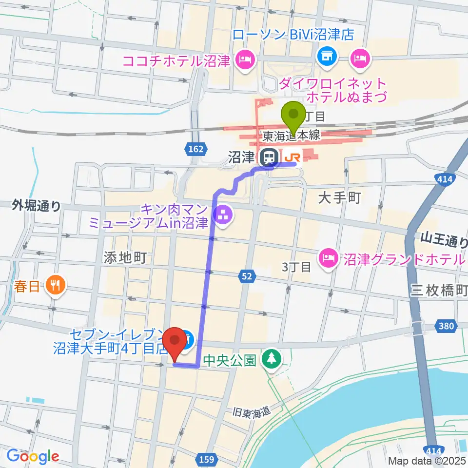 タンザワ楽器 沼津本店の最寄駅沼津駅からの徒歩ルート（約8分）地図