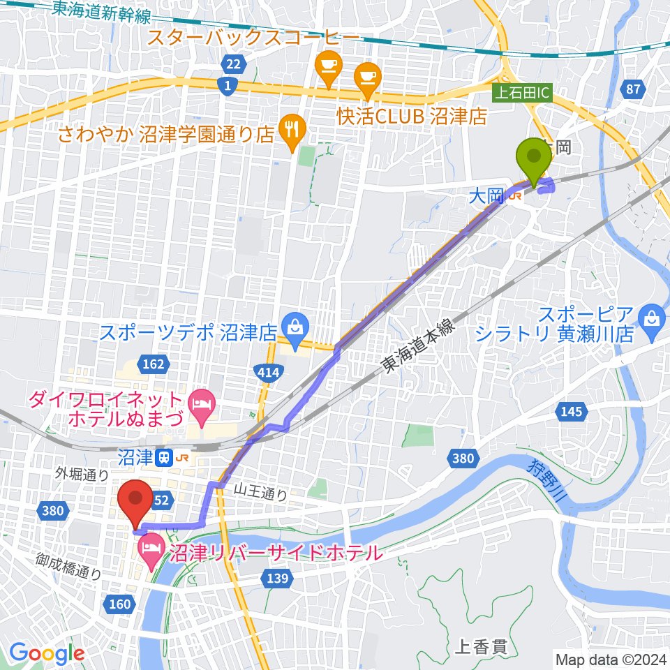 大岡駅からタンザワ楽器 沼津本店へのルートマップ地図