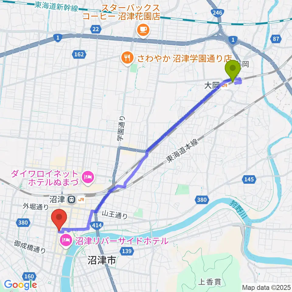大岡駅からタンザワ楽器 沼津本店へのルートマップ地図