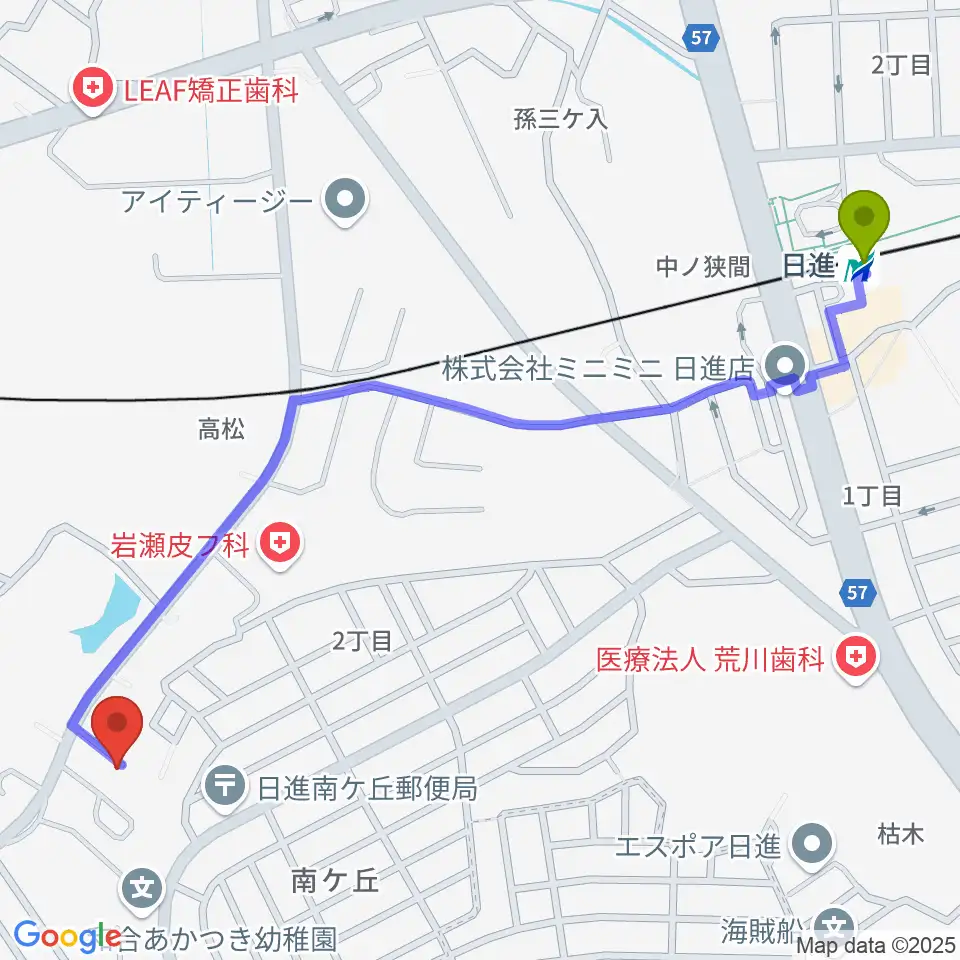 Ｋ＆Ｋミュージックの最寄駅日進駅からの徒歩ルート（約15分）地図