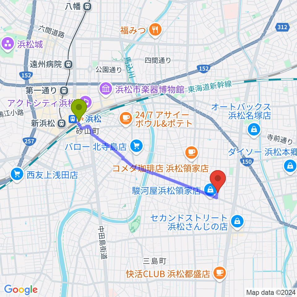 鈴木楽器製作所の最寄駅浜松駅からの徒歩ルート（約33分）地図