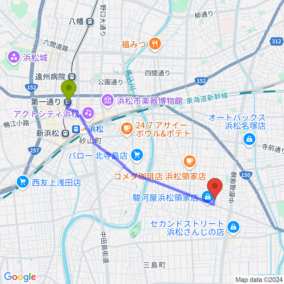 第一通り駅から鈴木楽器製作所へのルートマップ地図