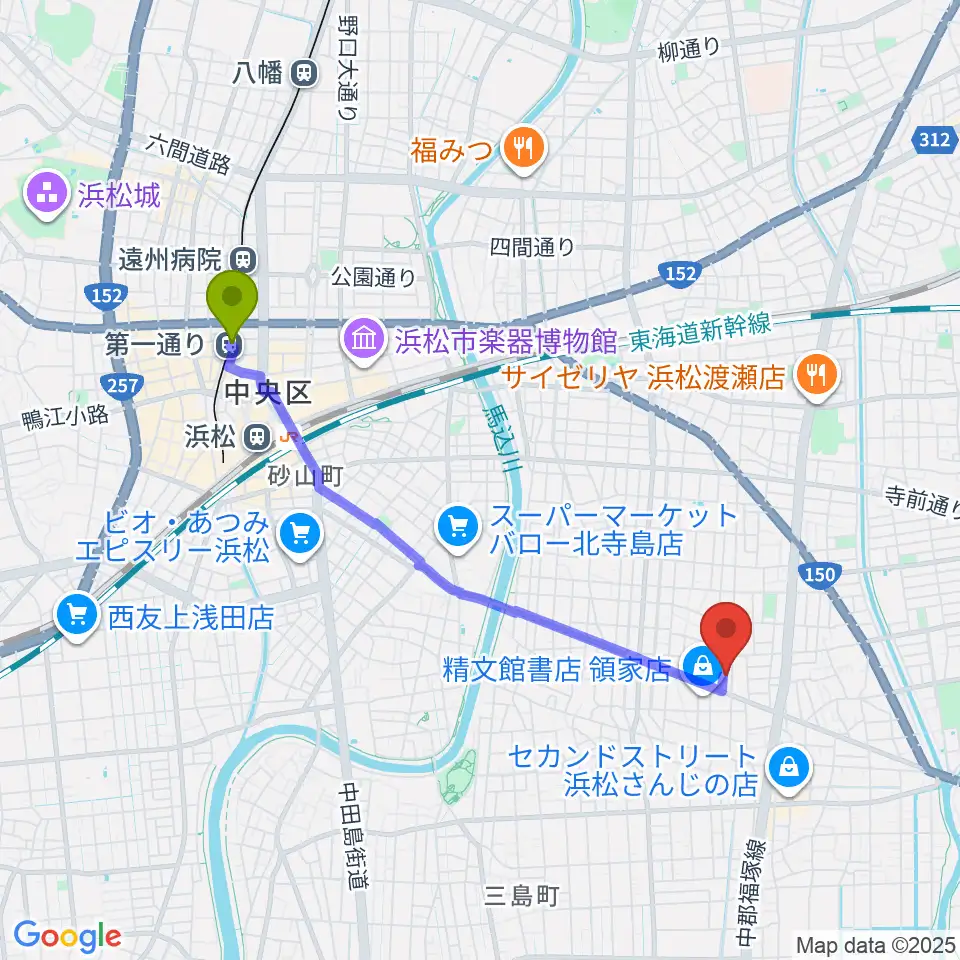 第一通り駅から鈴木楽器製作所へのルートマップ地図