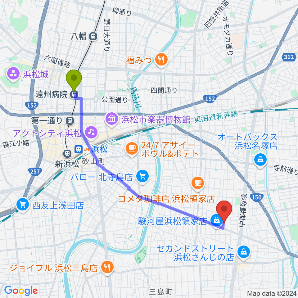 遠州病院駅から鈴木楽器製作所へのルートマップ地図