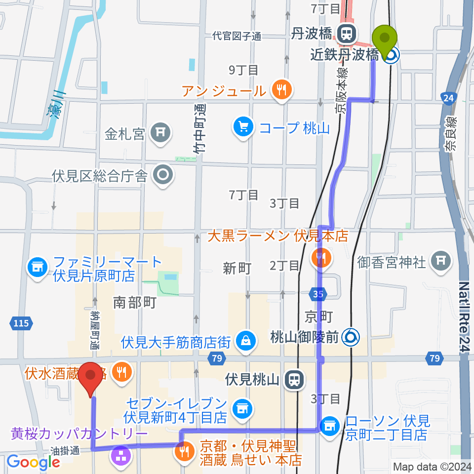 近鉄丹波橋駅からレミューズカフェへのルートマップ地図